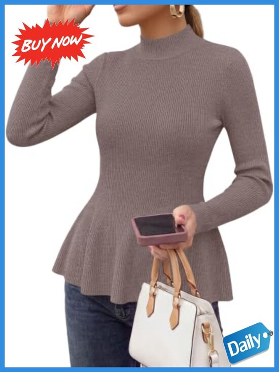 Other - Women's Long Sleeve Peplum Sweater Ribbed Knit Ruffle Hem Pullover